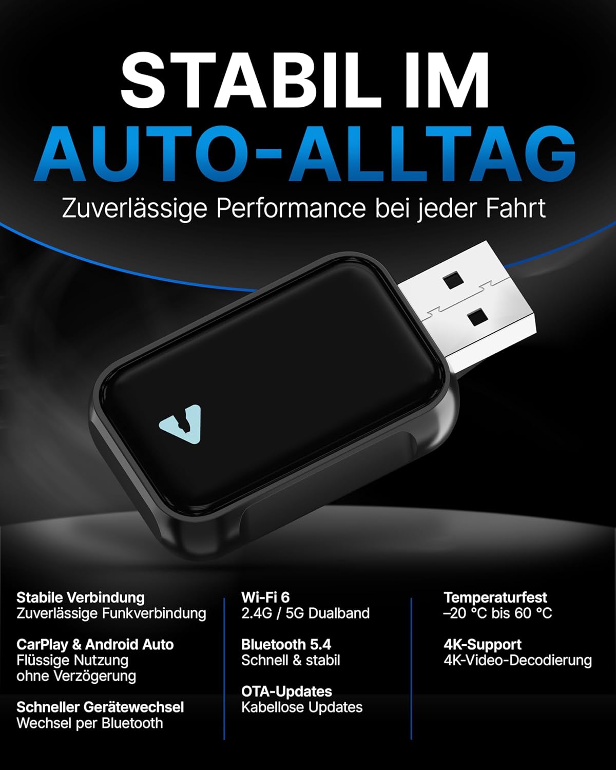 Auto-Nachrüstadapter für kabelloses CarPlay & Android Auto, Black