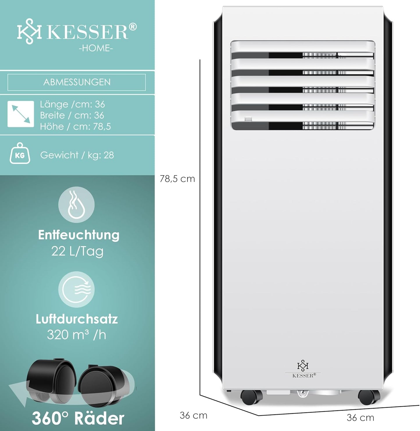 Mobiles Klimagerät 4in1 mit Timer & Fernbedienung, 9000BTU Weiß