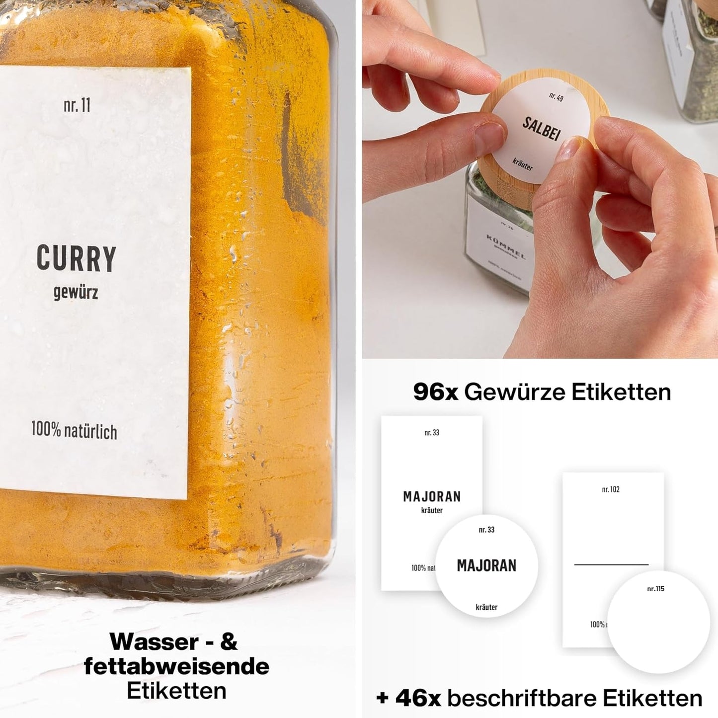 Gewürzgläser mit Etiketten und Reinigungsbürste, 12er Set - Weiss