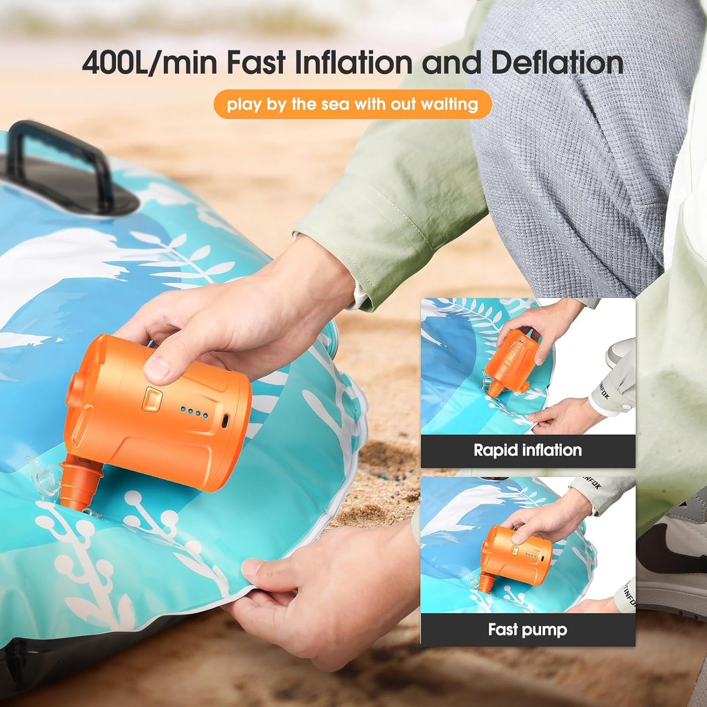 Elektrische Mini-Luftpumpe mit Akku und 3 Düsen, Orange