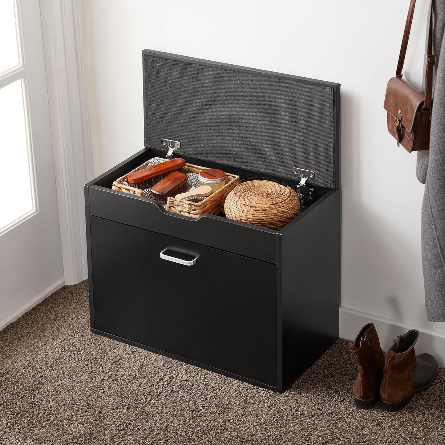Schuhbank mit Sitzkissen und Regal, Schwarz