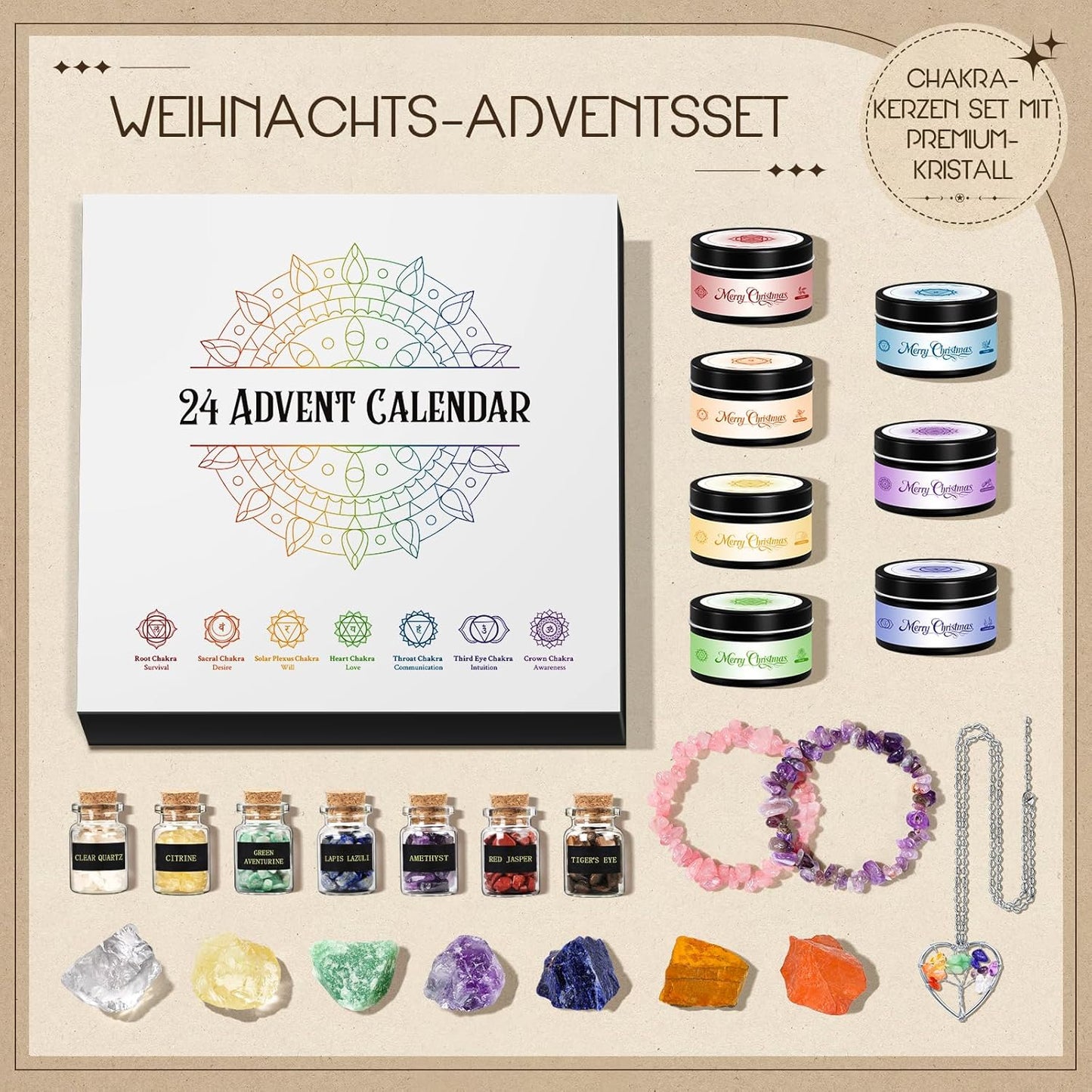 Chakra-Adventskalender mit Edelsteinen und Duftkerzen