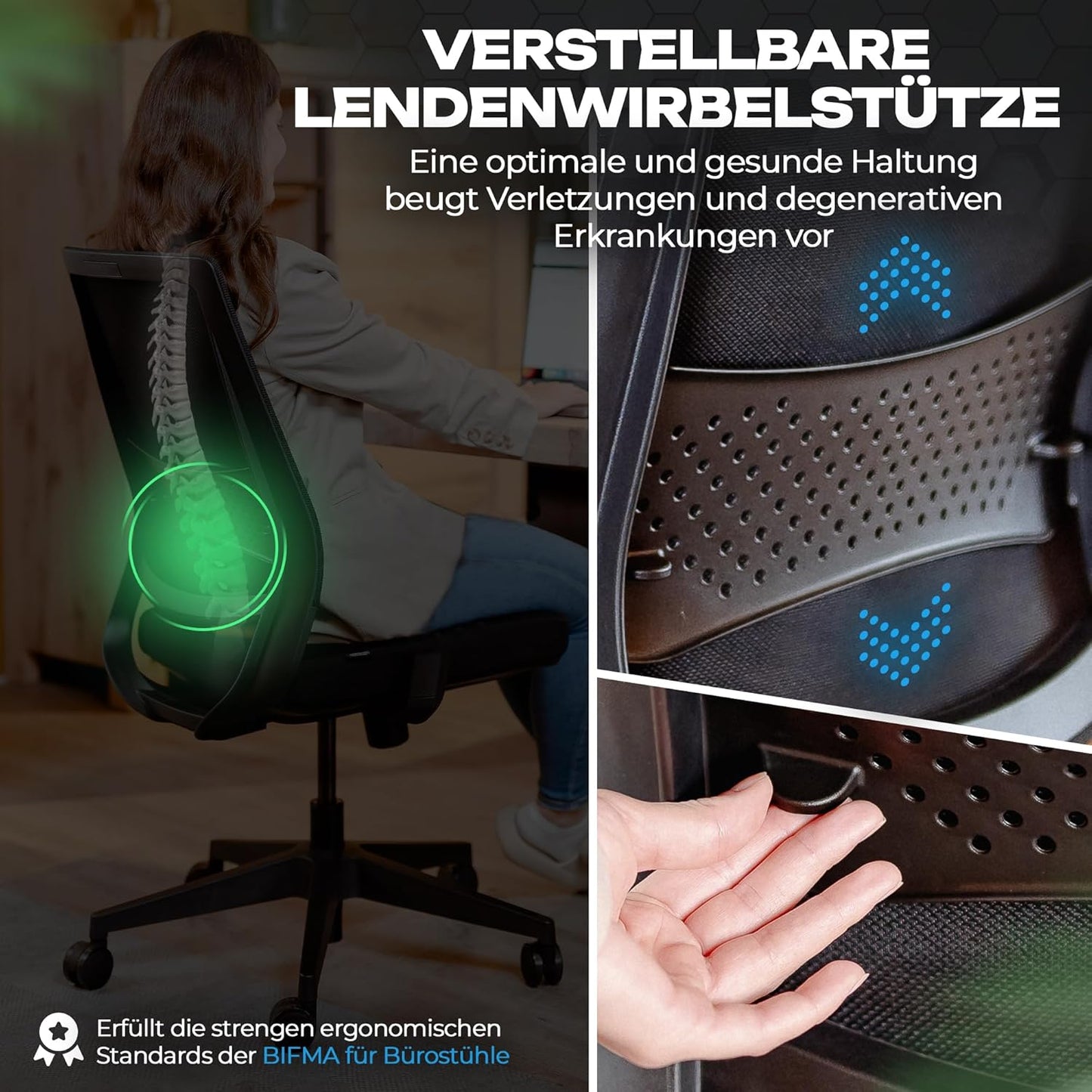 Ergonomischer Bürostuhl mit Lendenwirbelstütze, M2 Essential (Schwarz)