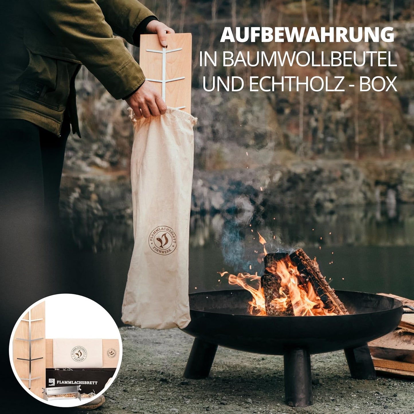 Flammlachsbrett mit Edelstahlhalterung, 1er Set Geschenkset - Schwarz