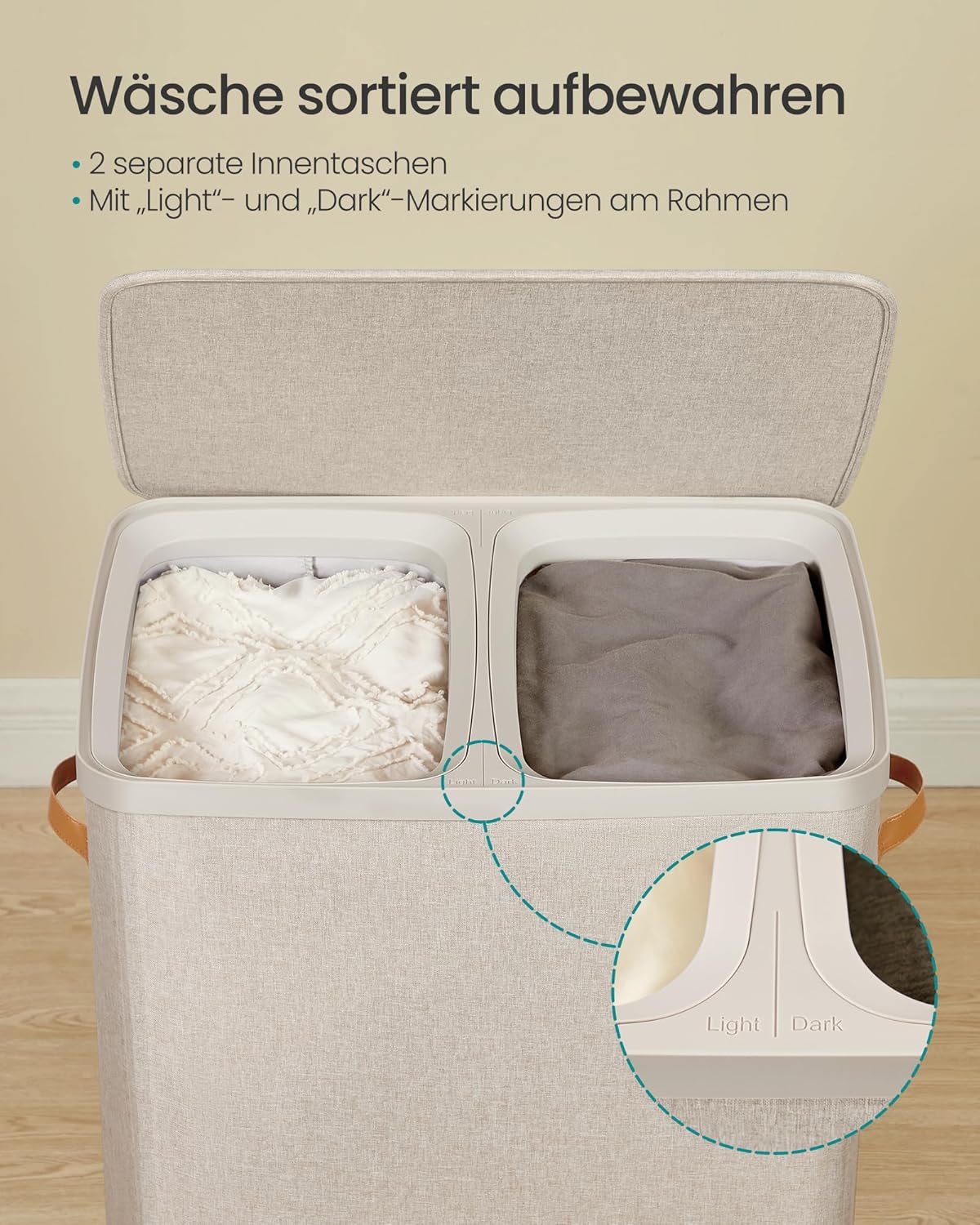 Wäschesammler mit 2 Fächern und Deckel, 170 L Cappuccinobeige