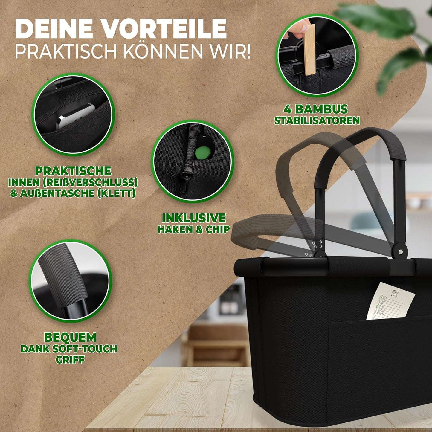 Stabiler Einkaufskorb mit Innentasche und Frontfach, Schwarz