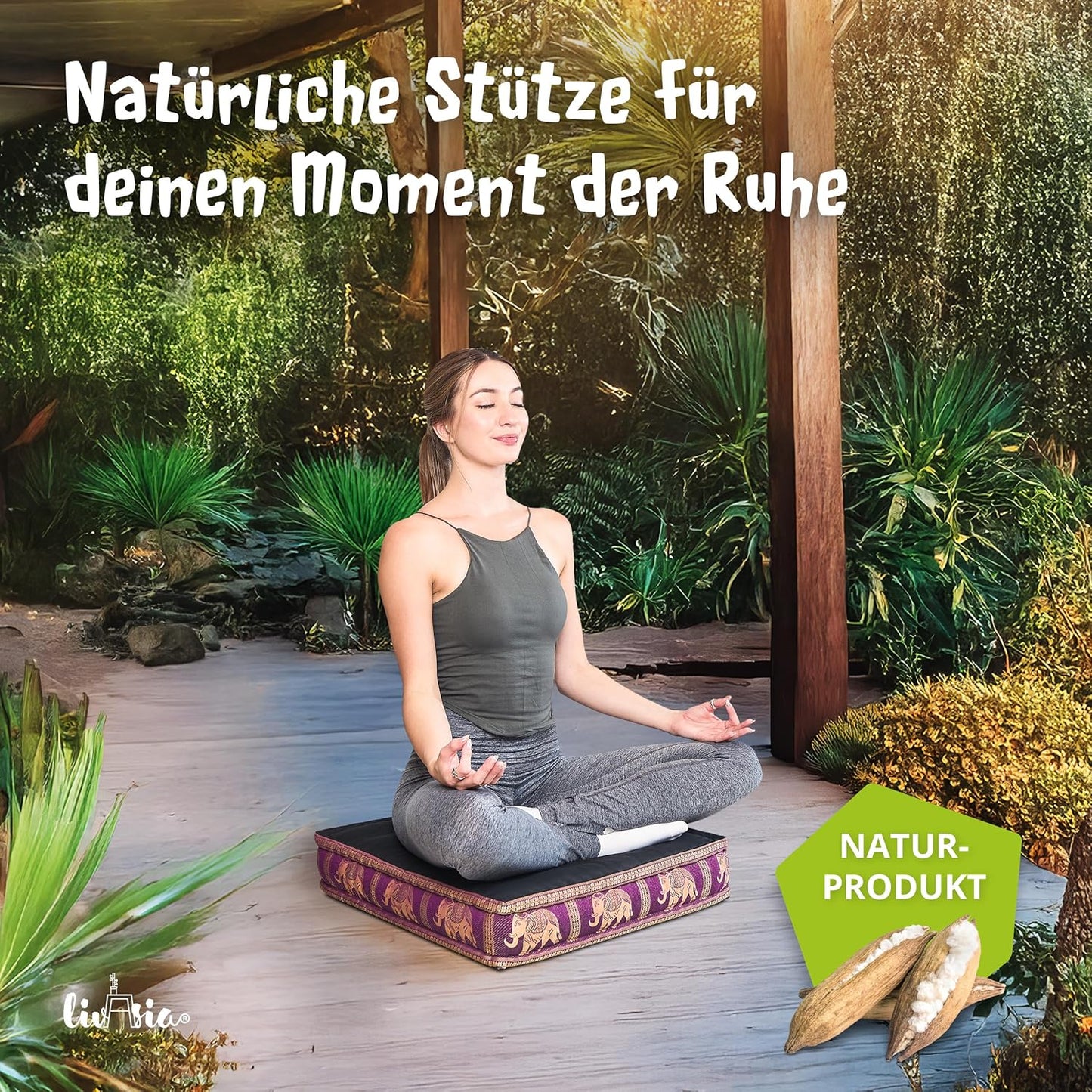 Meditationskissen, Schwarz/Lila/Elefanten Seide