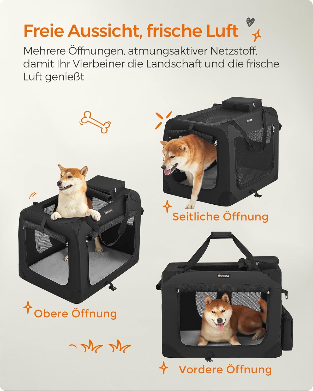 Faltbare Hundetransportbox mit Metallrahmen, Schwarz L 70 x B 52 x H 52 cm