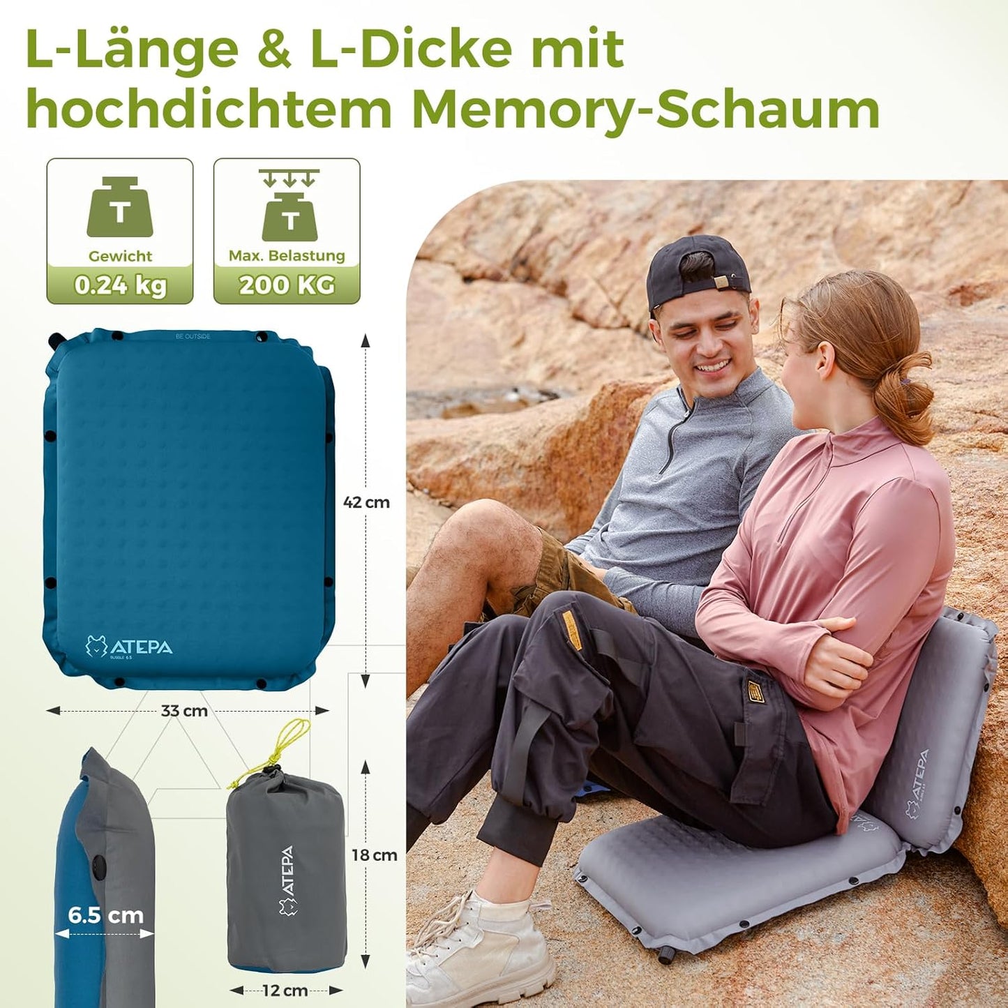 Selbstaufblasendes Outdoor-Sitzkissen, Blau 1er Pack 42 x 33 x 6,5 cm