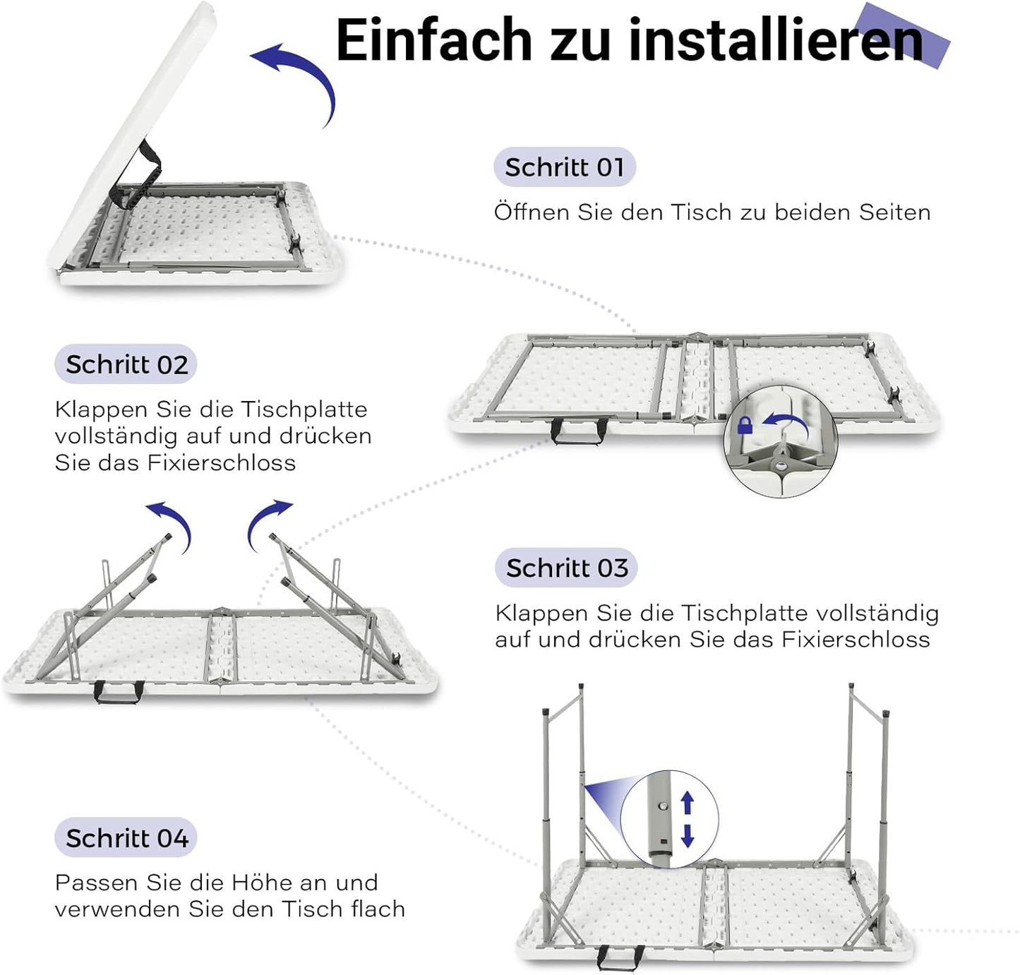 Höhenverstellbarer Klapptisch, tragbar, Weiss
