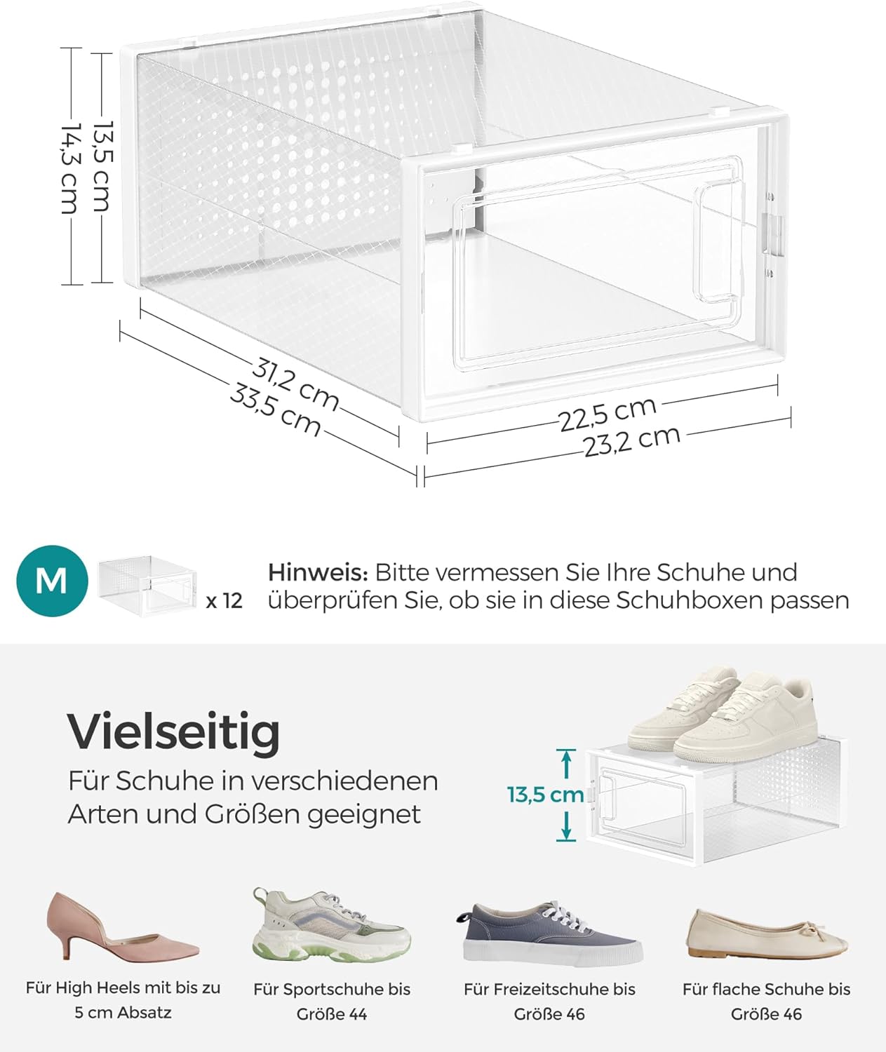12er-Set Schuh-Organizer, 12er Set für Schuhe bis Größe 44 Transparent + Weiß 12