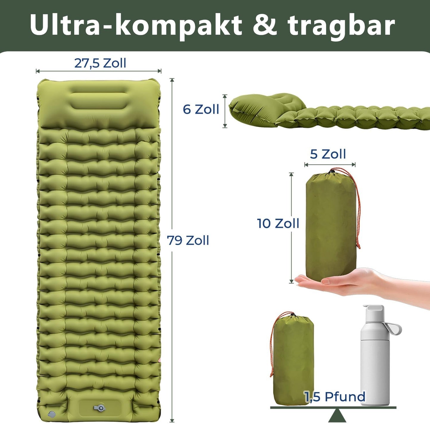 Selbstaufblasende Isomatte mit Fusspumpe für Camping, Grün