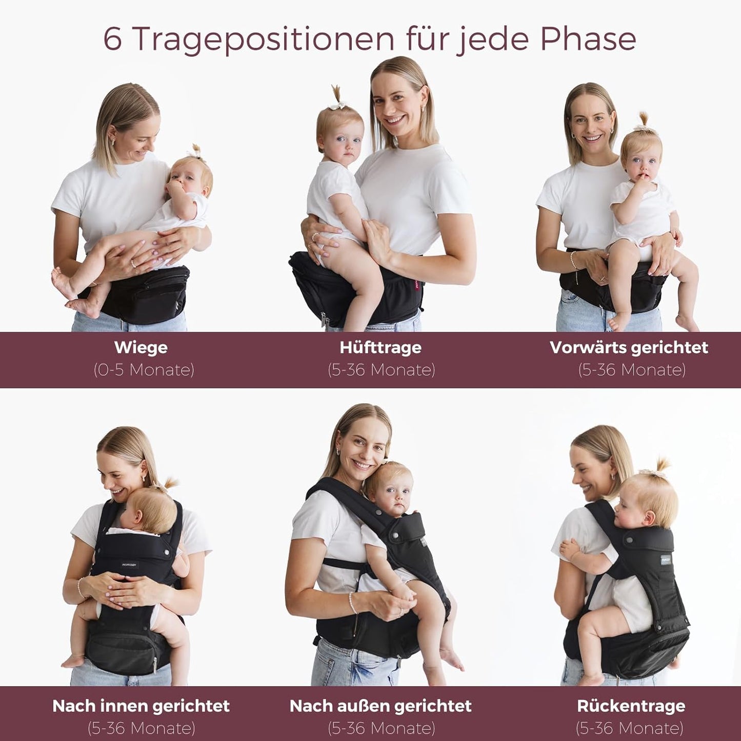 Verstellbare Babytrage mit Hüftkissen, Schwarz