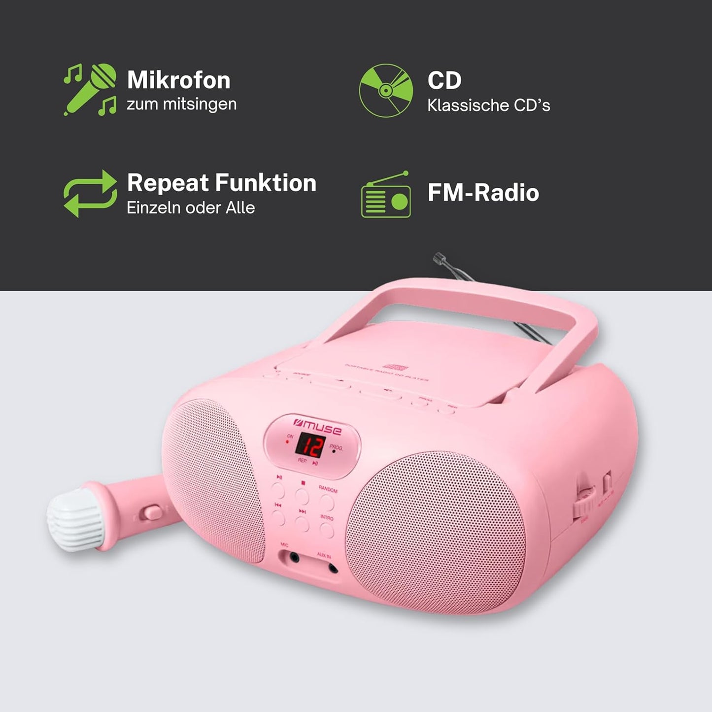 Radio und CD-Player mit Mikrofon und AUX-Anschluss, rosa
