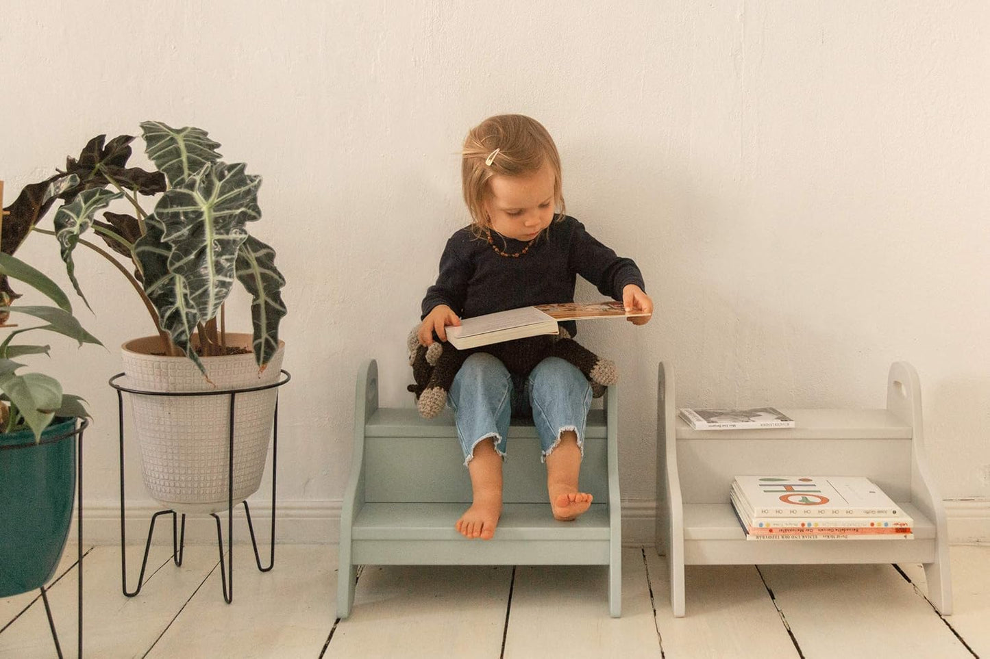 Holztritt-Hocker mit 2 Stufen für Kinder, Wassergrün