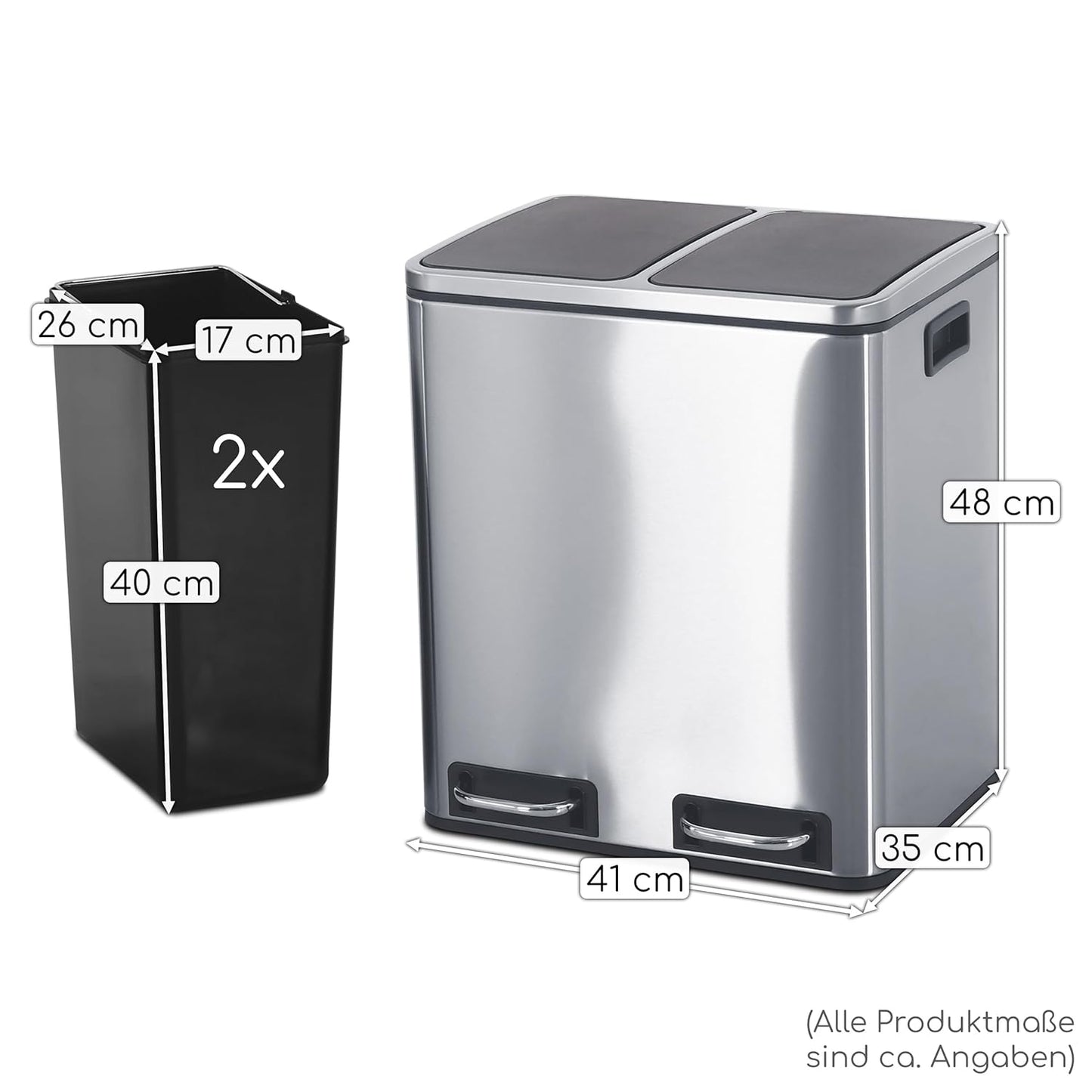 Treteimer Charly mit 2 Inneneimern, 2 x 15 L, langsam schliessend, Edelstahl satiniert