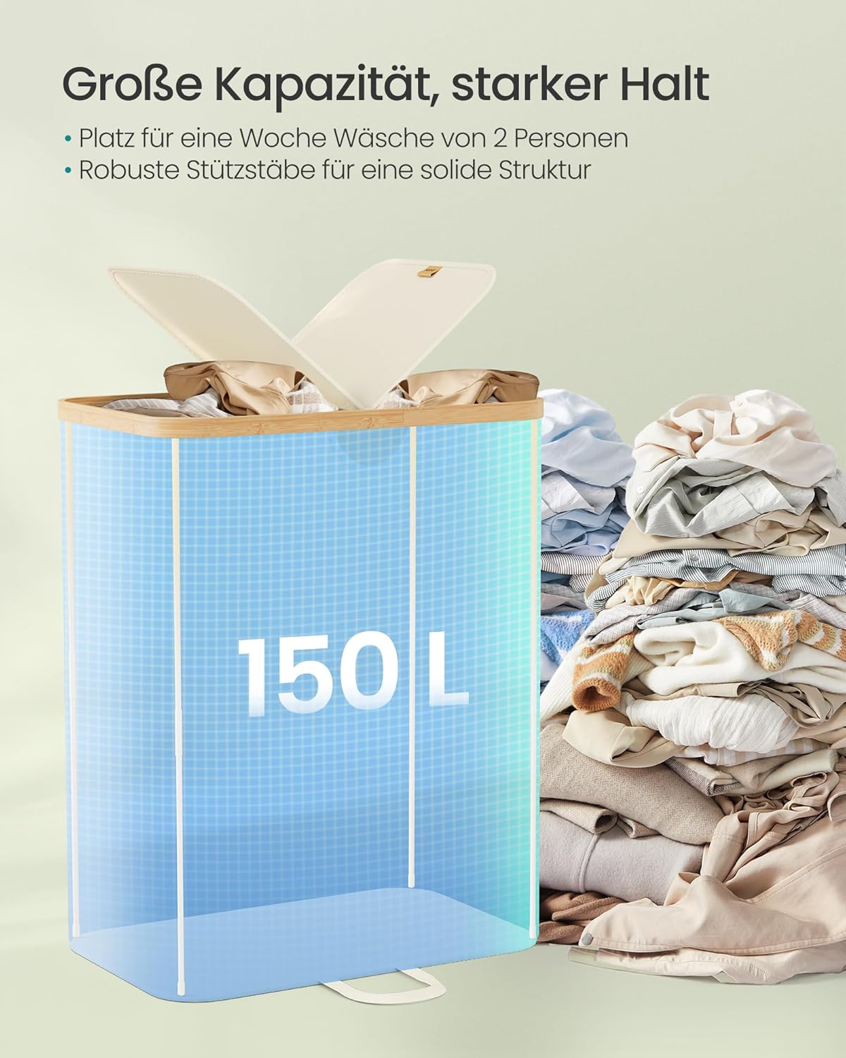 Wäschesortierer mit 2 Fächern, 150 Liter, Cremeweiss + Naturbeige