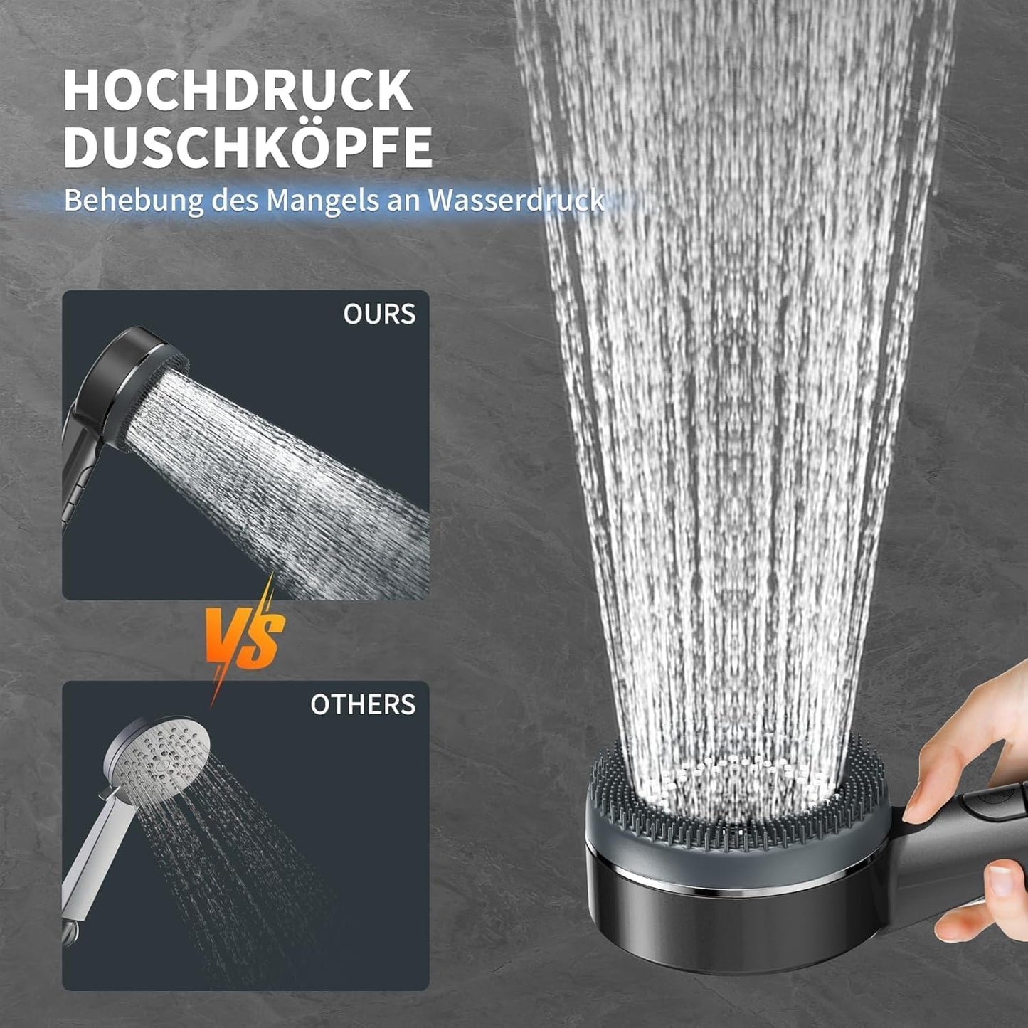 Hochdruck Duschkopf mit Filter und Stoppfunktion, 25L x 7.5B cm Dunkelgrau Pro