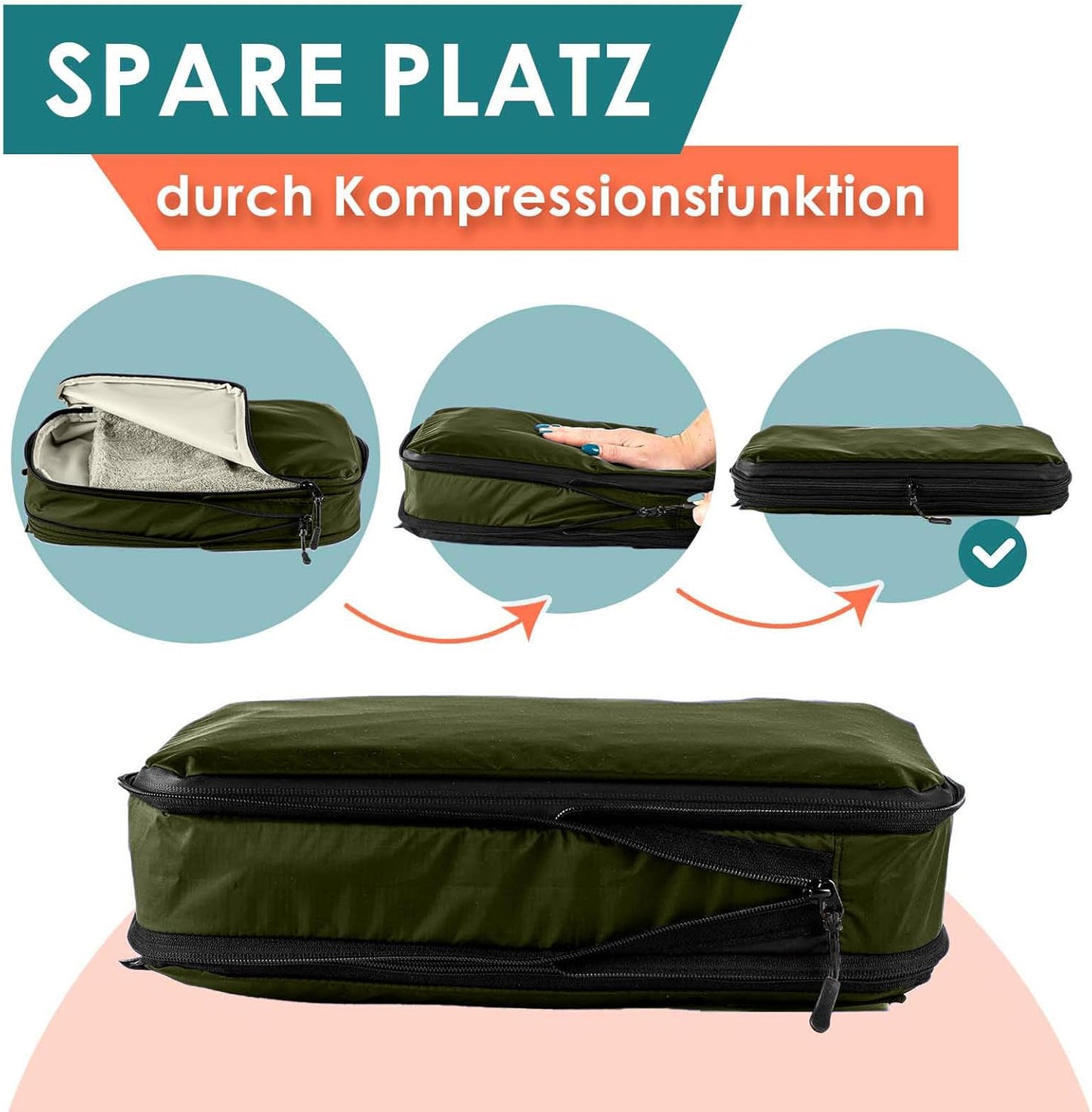 6-teiliges Packwürfel-Set mit Kompression, Olivgrün 6-teiliges Set