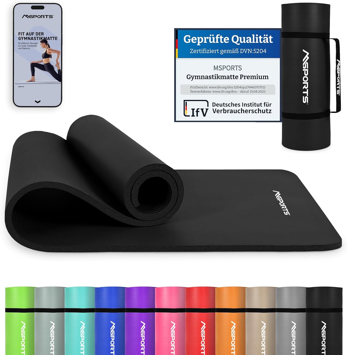 Gymnastikmatte Premium mit Tragegurt und Übungsposter, Schwarz - Matt 190 x 100 x 1,5 cm