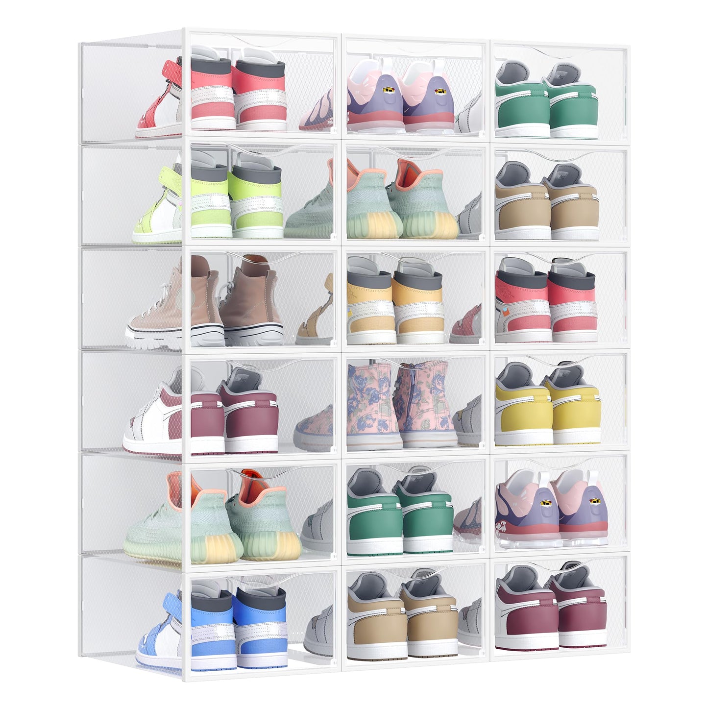 Schuhboxen-Set, stapelbare Schuh-Organizer (18 Stück), Transparent + Wolkenweiss 18