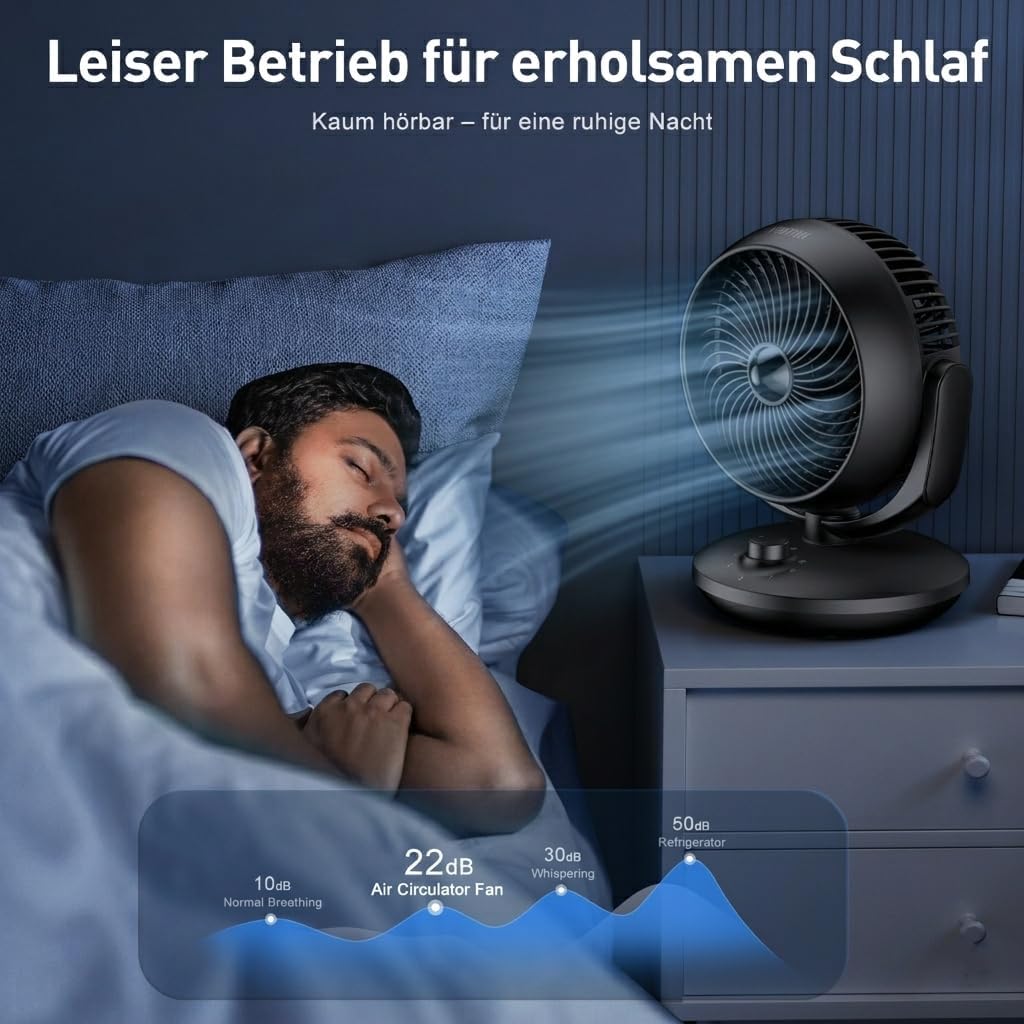 Leiser Tischventilator mit 3 Geschwindigkeiten, Schwarz