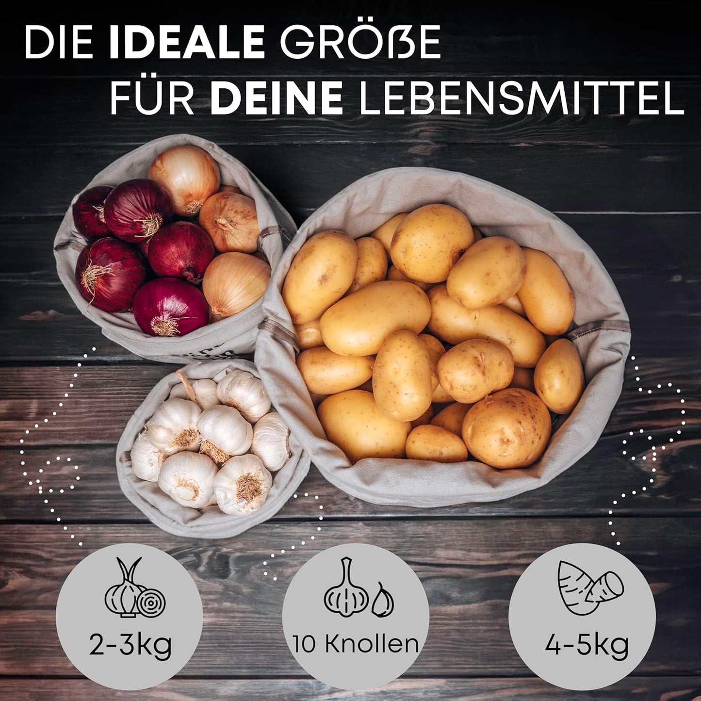 3er-Set Boho Säckchen zur Aufbewahrung von Kartoffeln, Zwiebeln & Knoblauch, Miami Weiss