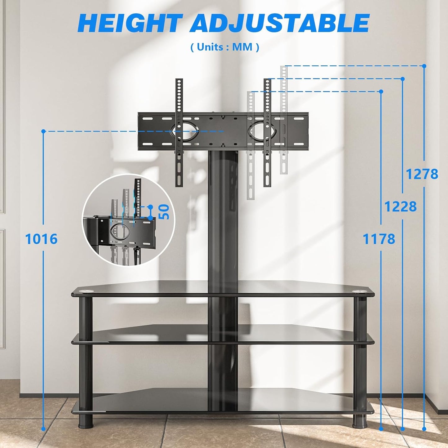 TV Rack mit Glasregalen für 32-70 Zoll Fernseher