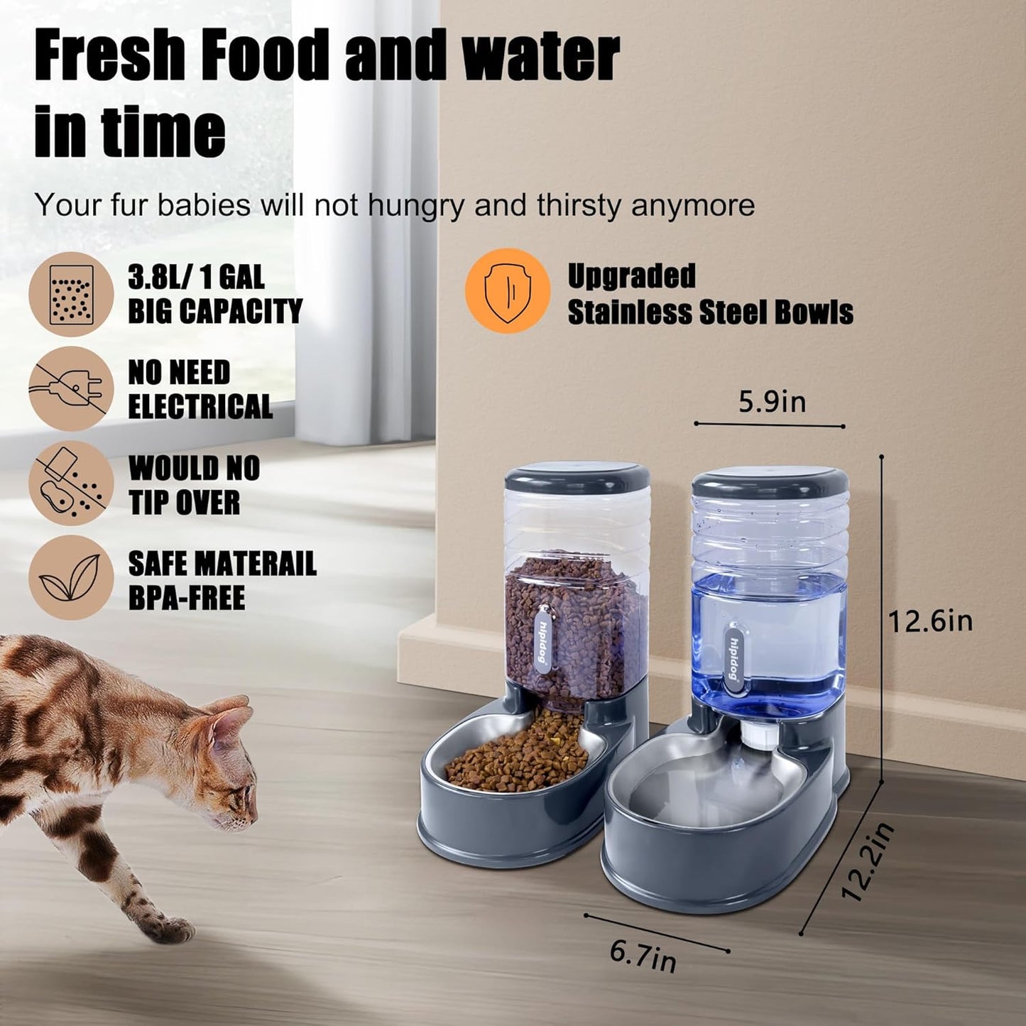 Automatischer Futter- und Wasserspender für Haustiere, grauer Edelstahl