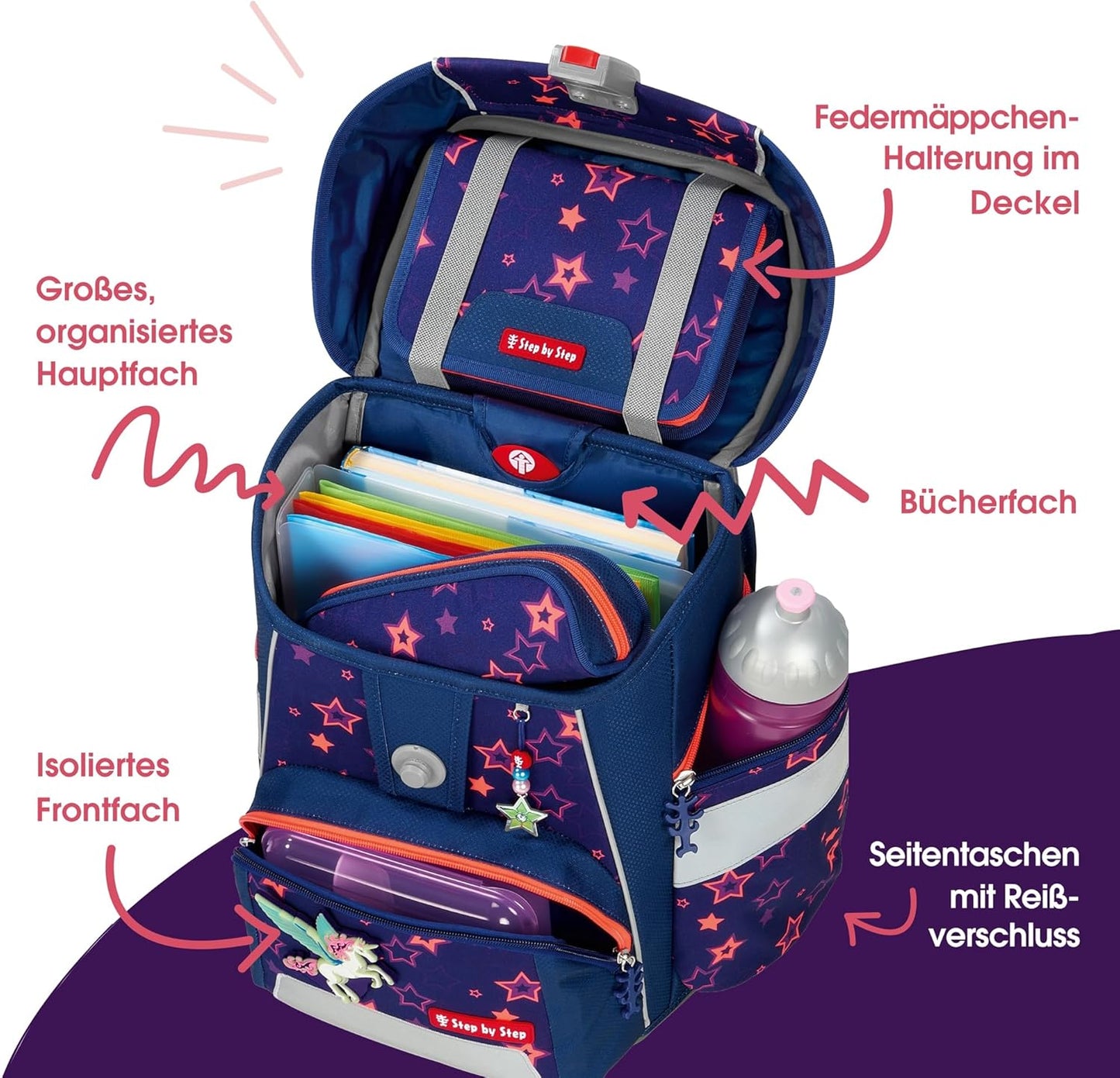 Ergonomisches Schulranzen-Set, 5-teilig, Pegasus Night Nuala, Pegasus Night Nuala - Lila-rosa
