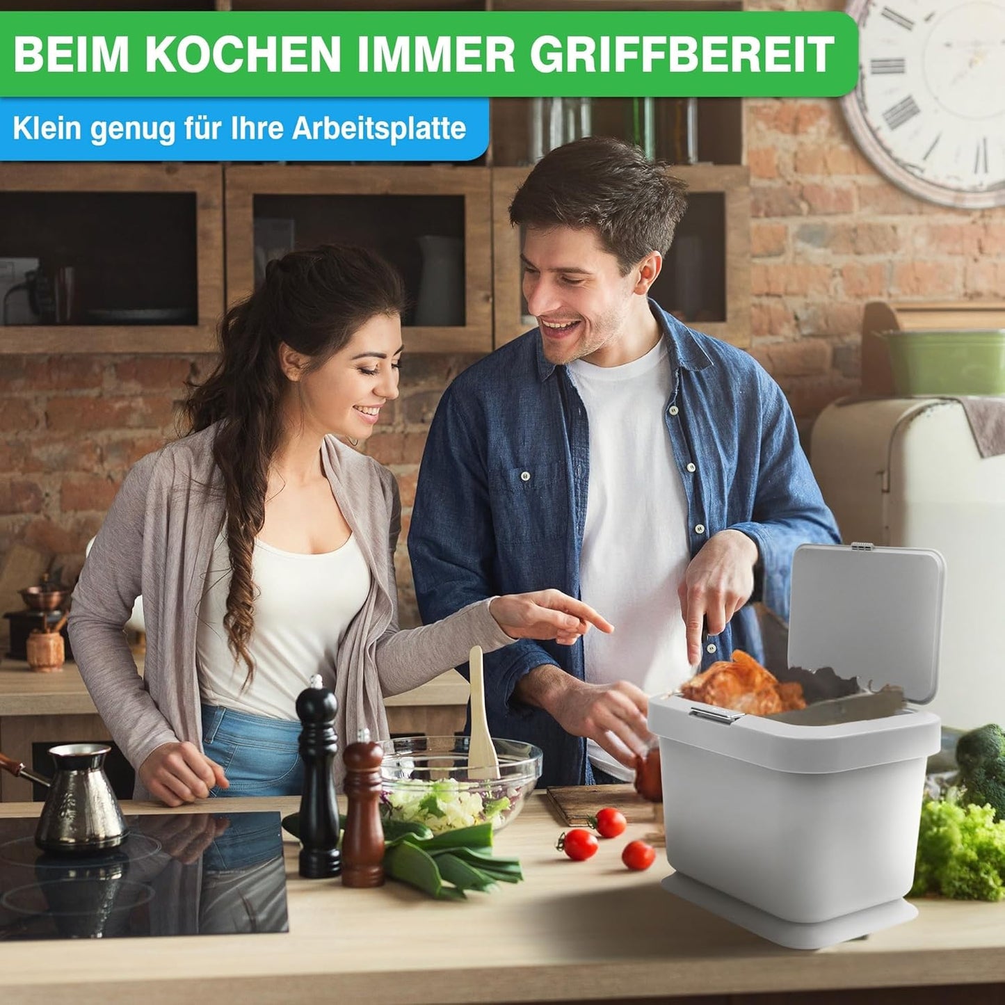 Geruchsdichter Komposteimer mit Deckel & Knopfdruck-Mechanismus, Grau