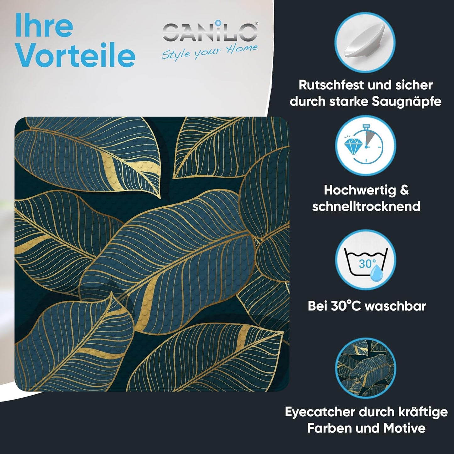 Rutschfeste Badematte für Dusche und Badewanne (53x53 cm), Monstera