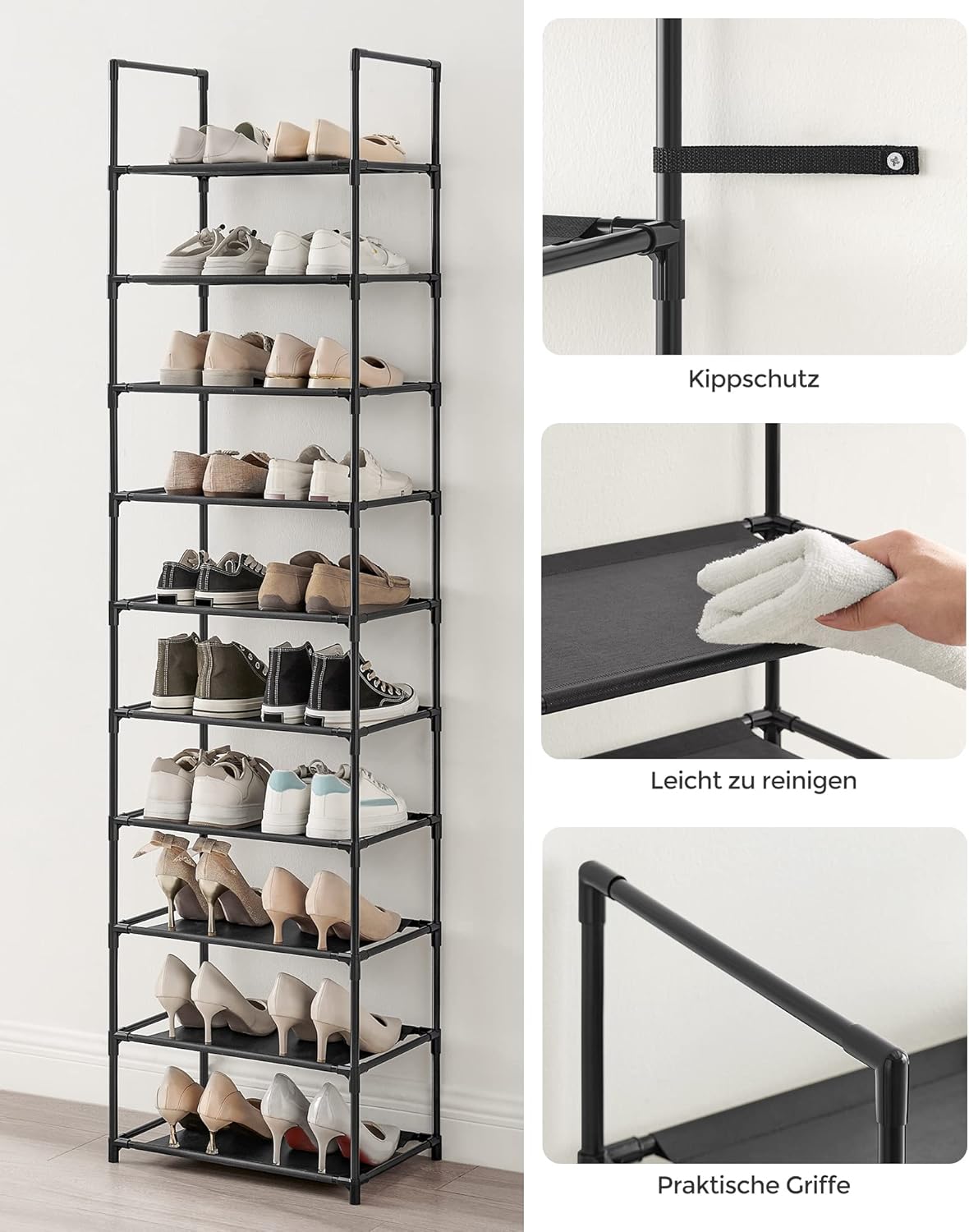 Schuhregal mit 10 Ebenen, Schwarz 10 Ebenen (45B cm)