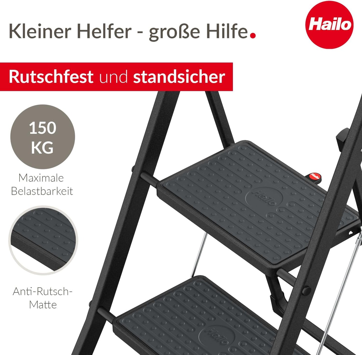 3-stufige Trittleiter K44 mit Anti-Rutsch-Matten, Schwarz 3 Stufen