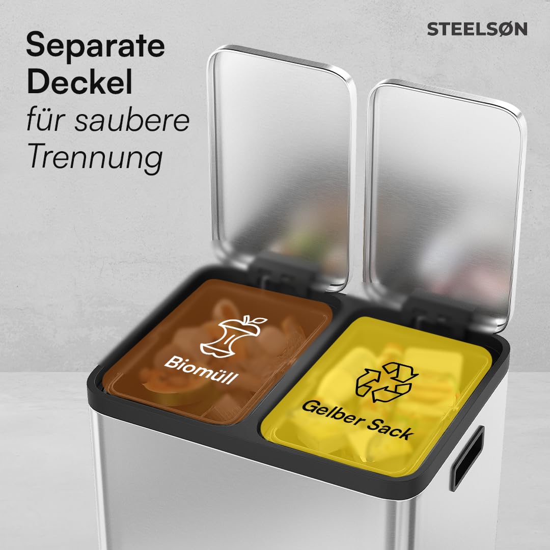 Epsilon Mülleimer 2-Fach-System mit Soft-Close, 2x15 L Silber