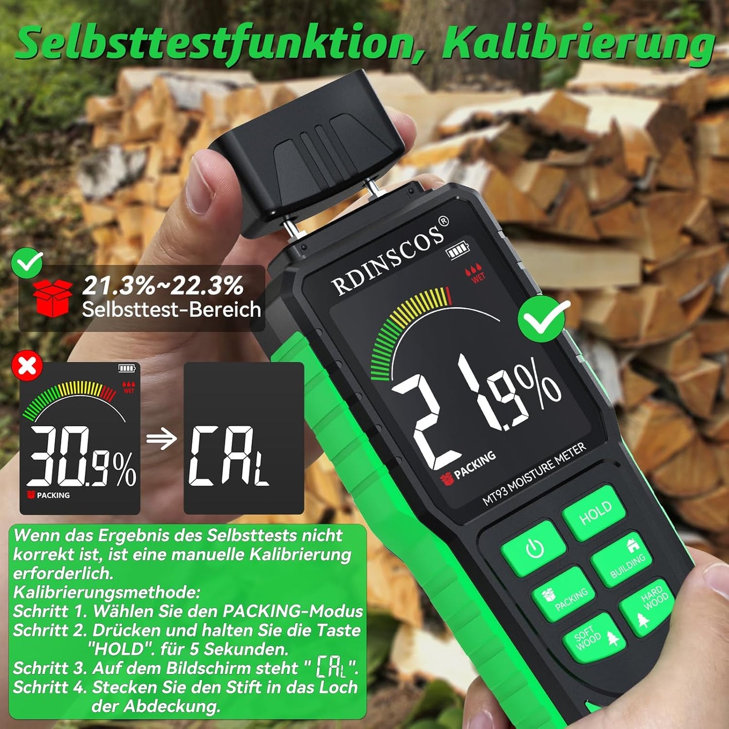 Holzfeuchtemessgerät MT93, Pin-grüner