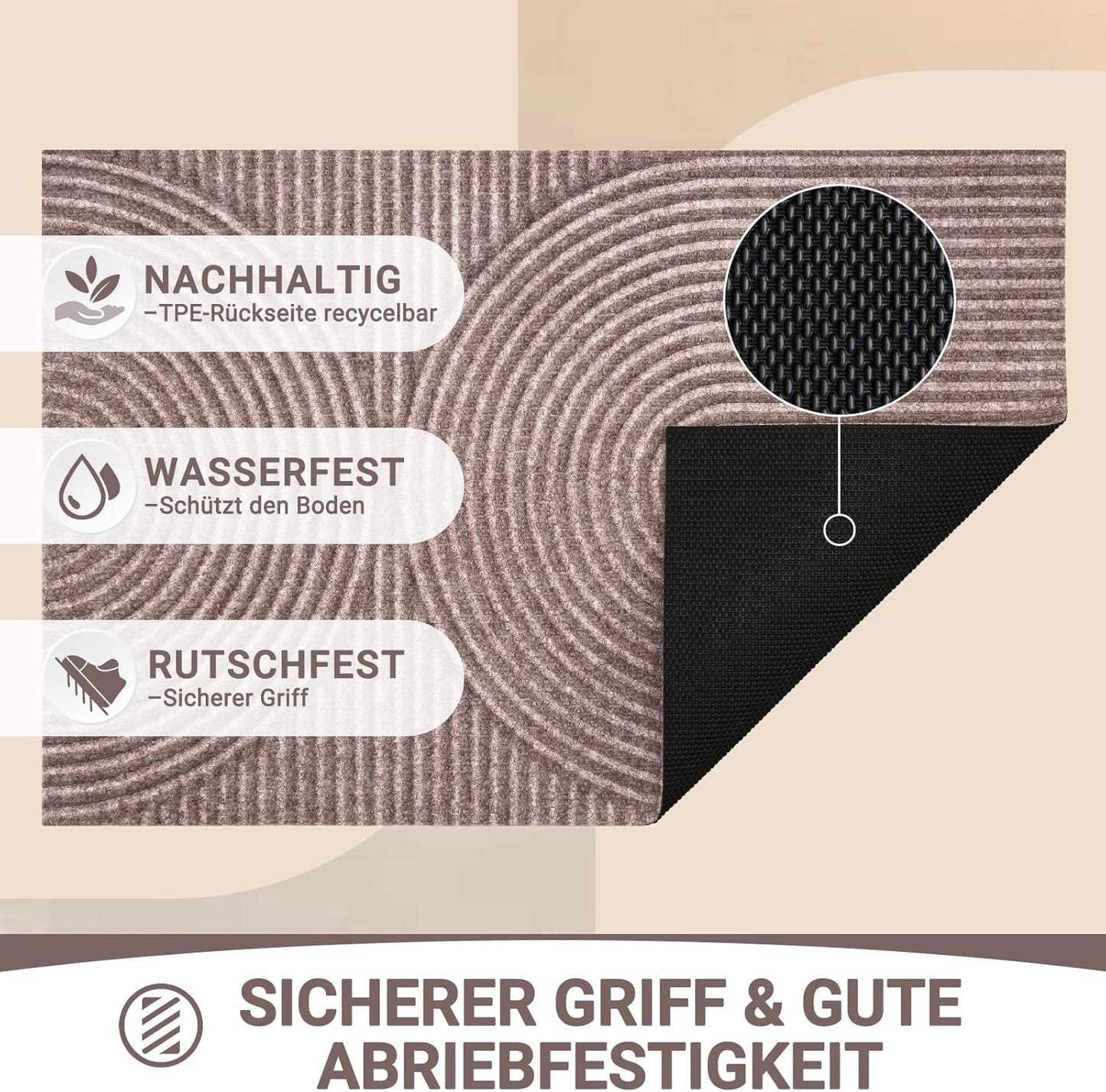 Maschinenwaschbare Schmutzfangmatte 60x90cm, 60 x 90 cm Beige Braun Wellen