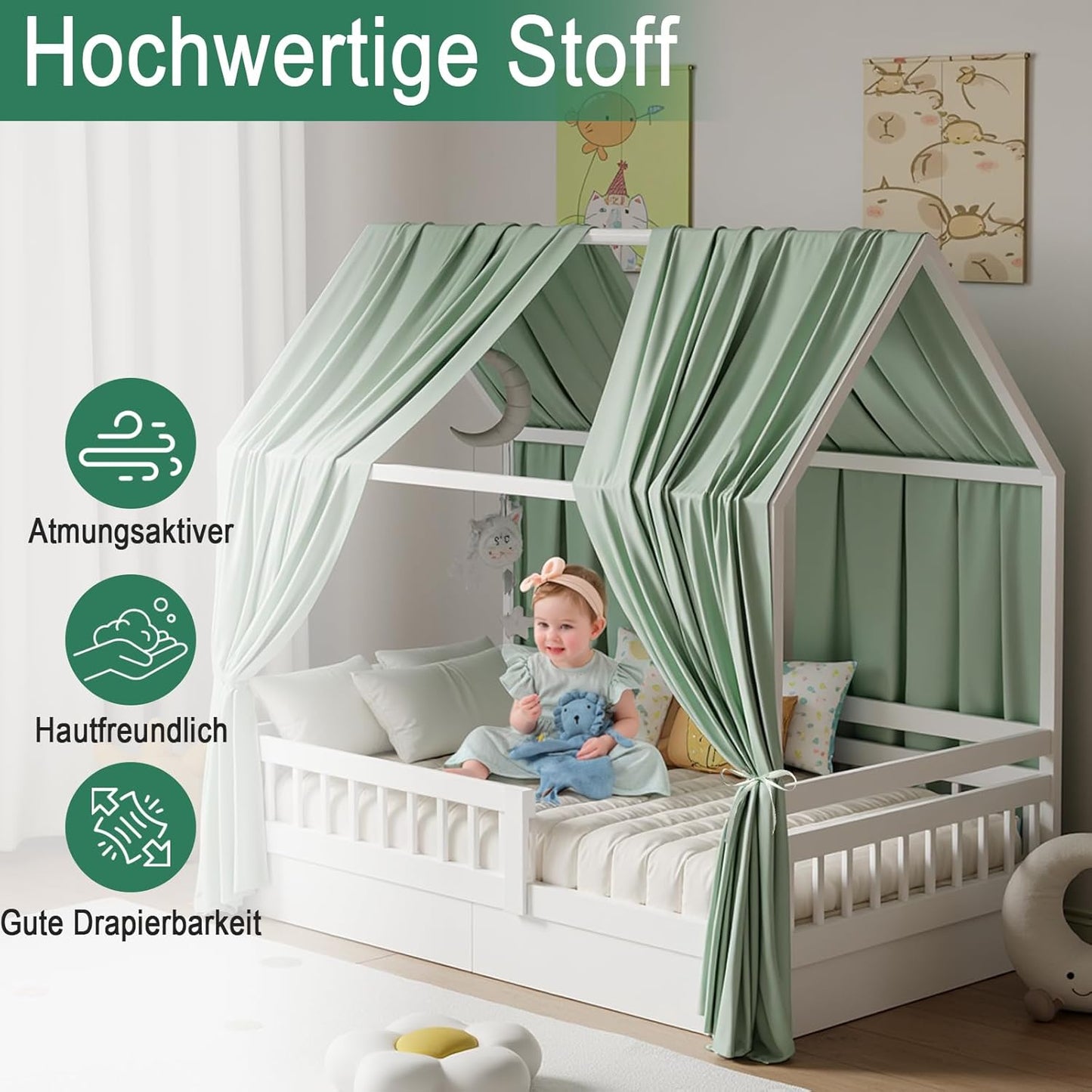 2er-Betthimmel-Set für Hausbett, H270 x B67 cm (2er Pack) Grün