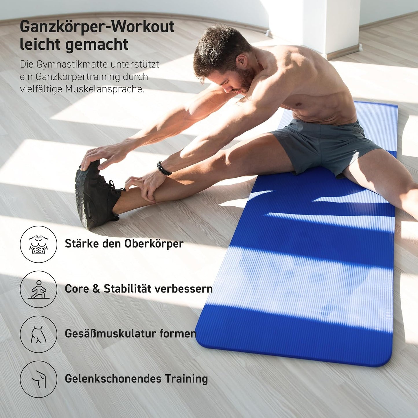 Gymnastikmatte mit Übungsposter und Workout App, Royalblau 190 x 100 x 1,5 cm