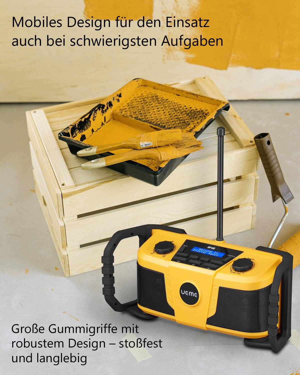 Baustellenradio mit Bluetooth und Wecker, Gelb-Schwarz