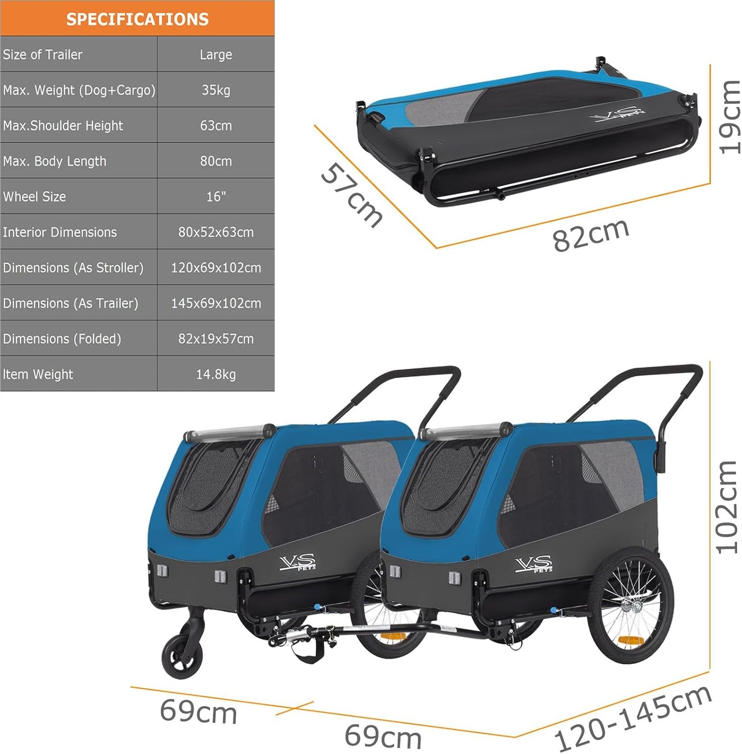 2-in-1 Hundeanhänger & Jogger für Hunde bis 35kg, BLAU