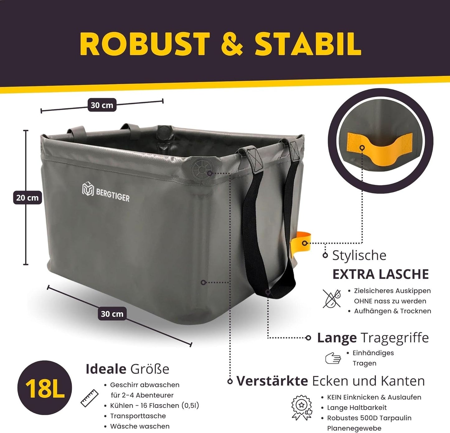 Faltbare Camping-Spülschüssel, Anthrazitgrau / Gelb - 18 Liter