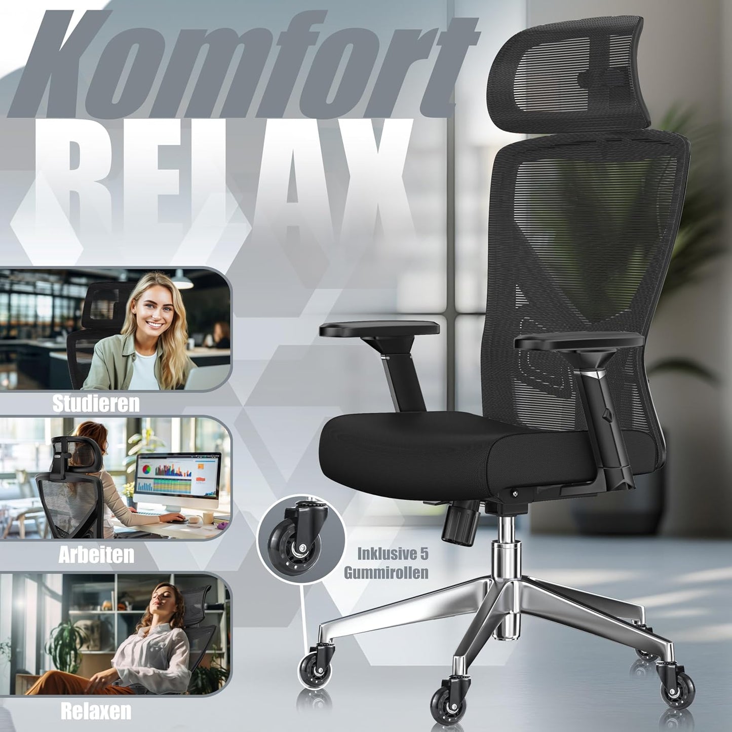 Ergonomischer Bürostuhl mit Wippfunktion, Schwarz / Silber