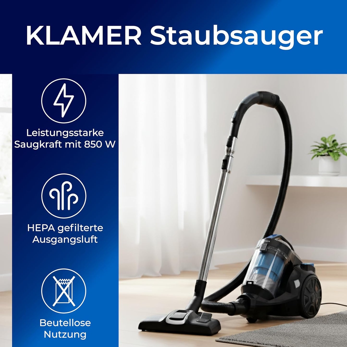 Beutelloser Staubsauger mit HEPA H12 Filter, 850W