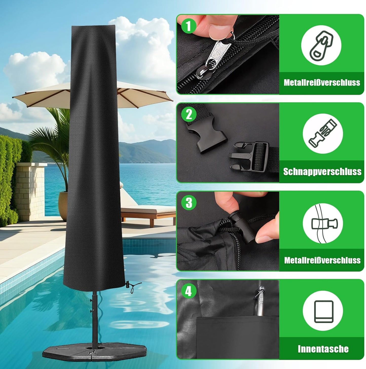 Sonnenschirm Schutzhülle mit Stab, Schwarz 196*30*50cm