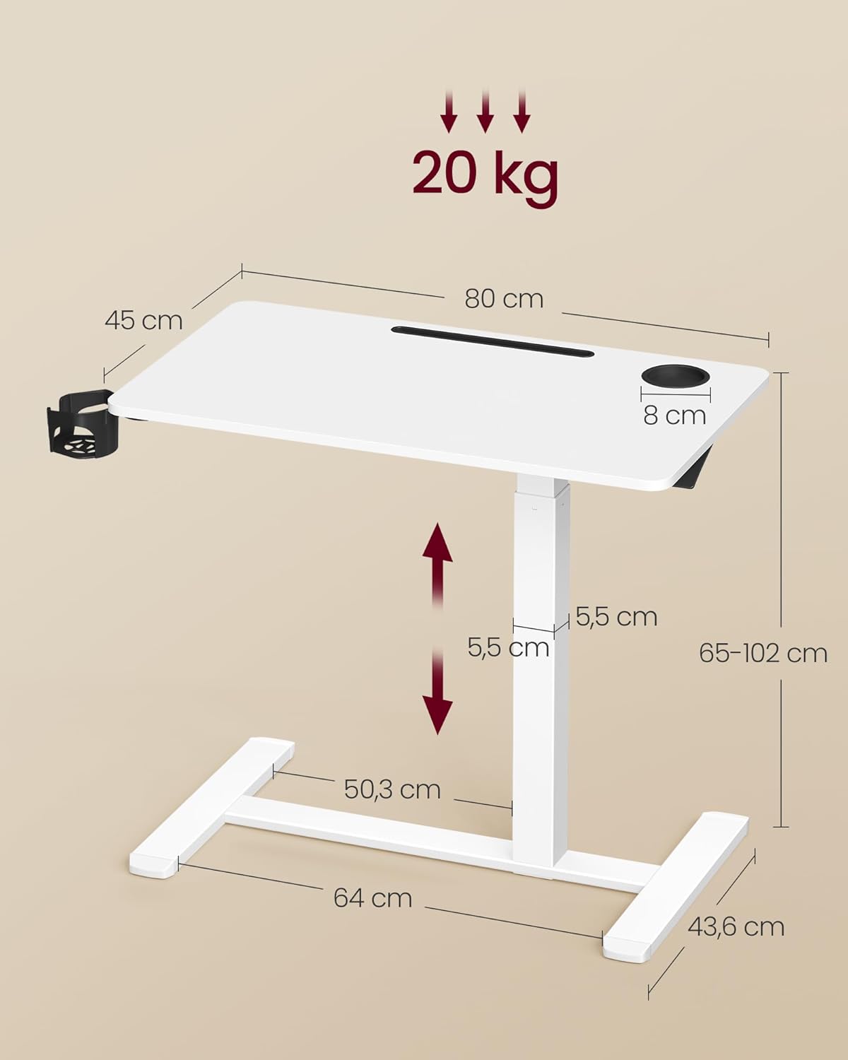 Mobiler Beistelltisch mit Rollen und verstellbarer Höhe, 80 x 45 cm Wolkenweiss