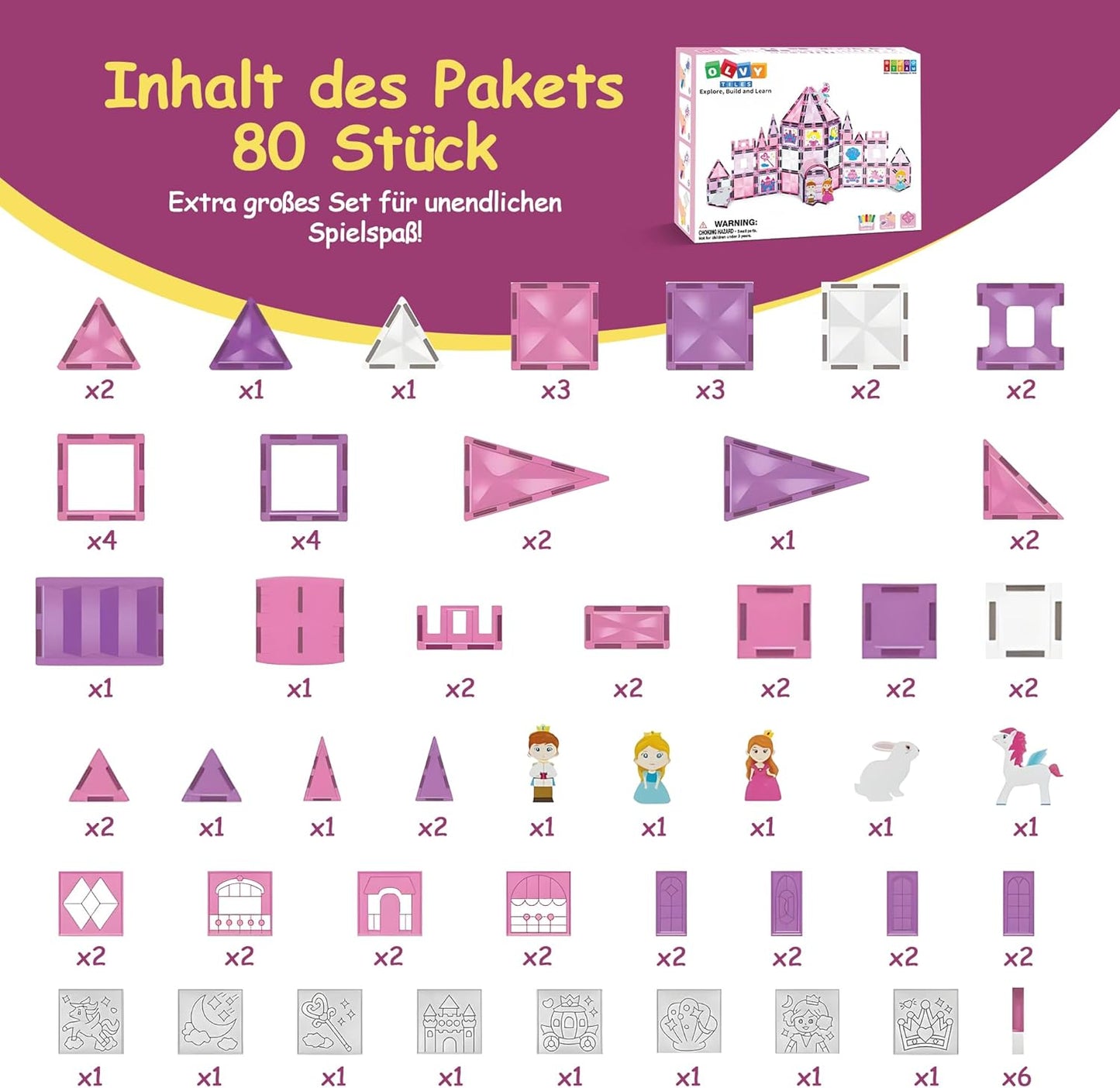Magnetische Bausteine Spielset (80 Teile, Prinzessin), Prinzessin