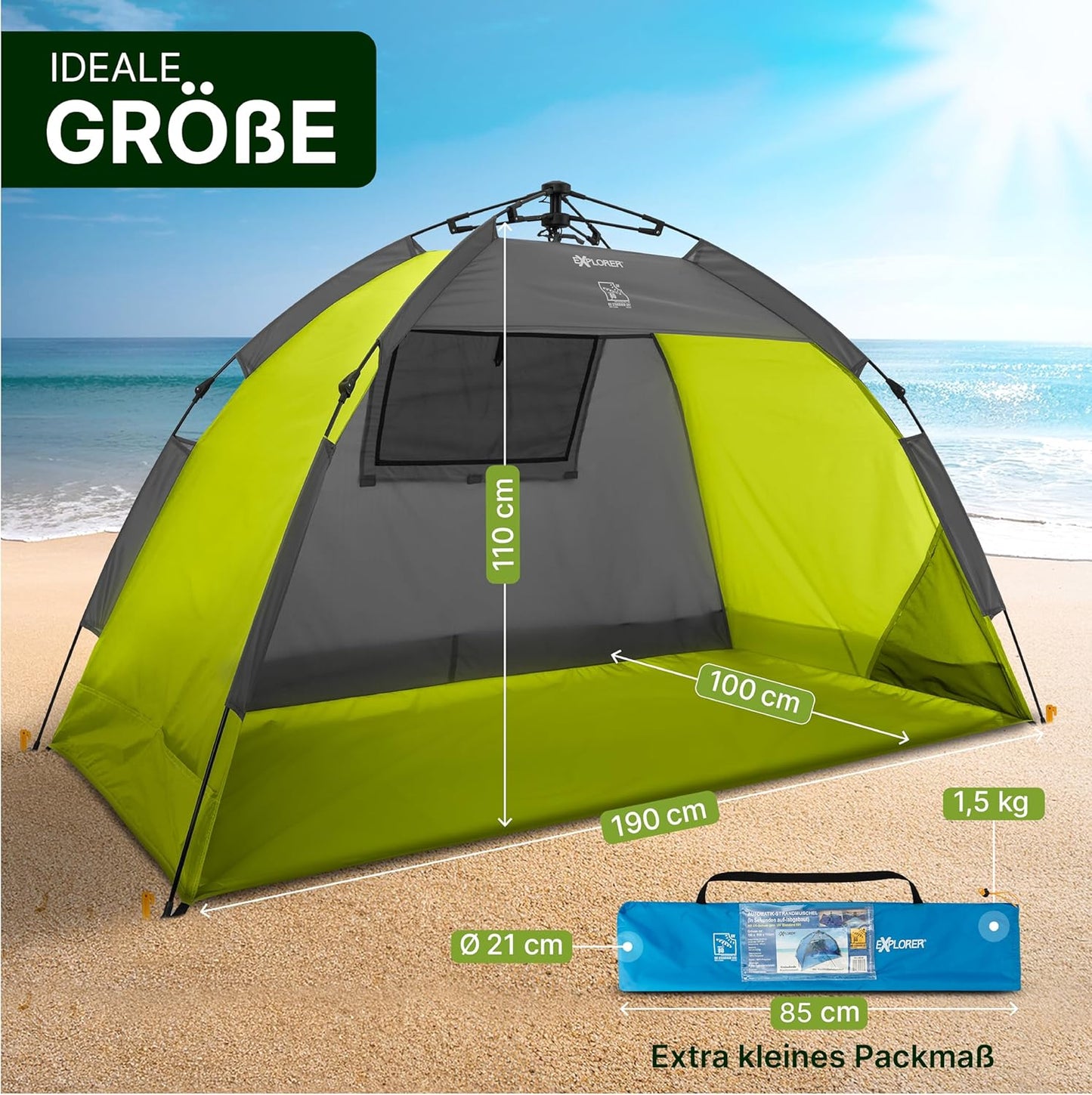 Automatik-Strandmuschel mit UV Schutz 80+, Automatik Grün