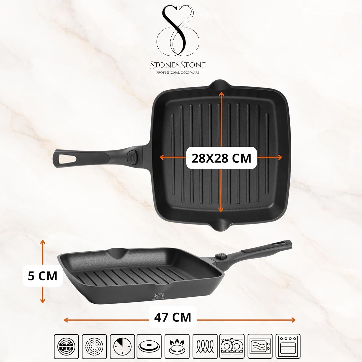 Grillpfanne Induktion 28 cm, Antihaft, abnehmbarer Griff, 28