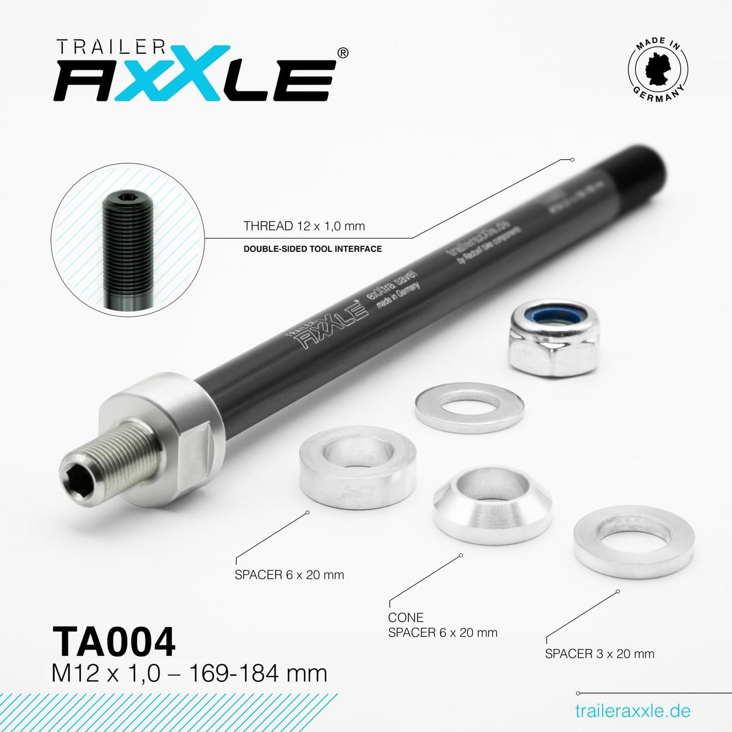 Steckachse für Fahrradanhänger (M12x1,0, 169-184 mm), M12x1,0 | 169-184 mm